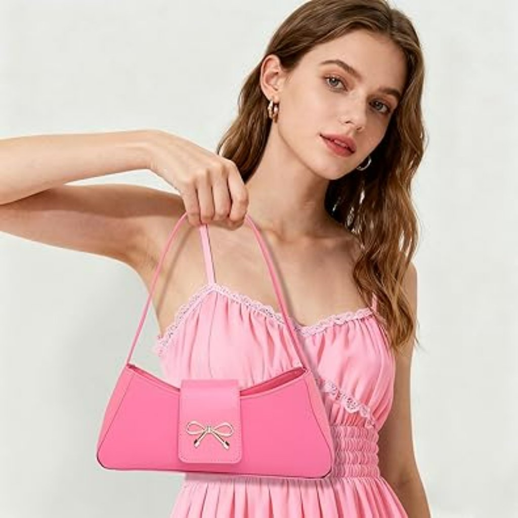 Y2k Hobo Shoulder Bag Women Purse Handbag Crescent Bow Pink Clutch Classy
